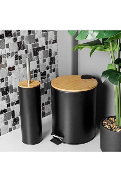 ANTBRO Metal Trash Can for Bathroom, Matte Black, Bamboo Lid, 5L