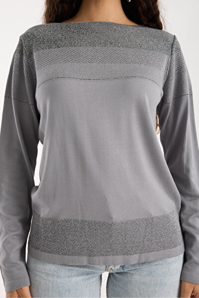 Moda Days Women's Gray Viscose Fabric Boat Neck Glittery Knit Blouse