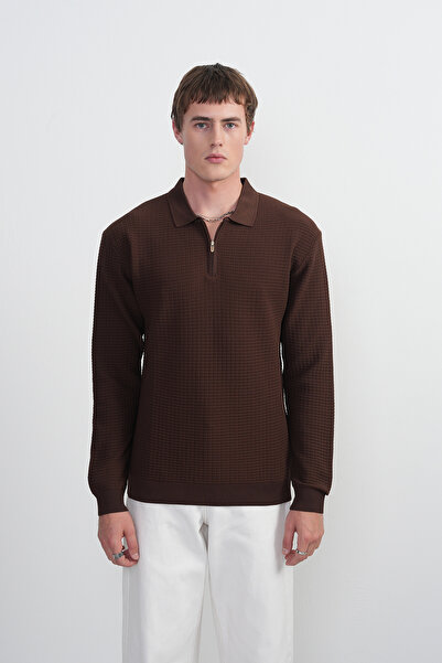 SILVANO Erkek Kahve Yarım Fermuarlı Triko Polo Yaka Tişört Comfort Fit