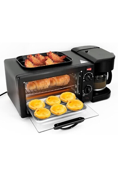unbranded محطة إفطار 3 في 1 تتضمن ماكينة صنع القهوة وشواية غير لاصقة وفرن محمصة