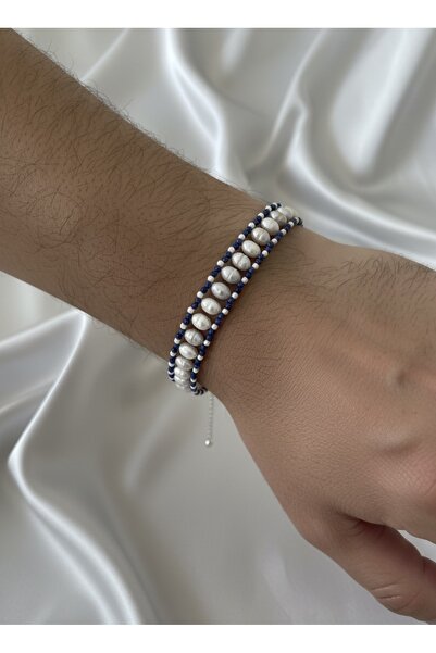 Zokak Premium Lapis Lazuli & İnci Doğal Taş Unisex Gümüş Bileklik Ayarlanabil...