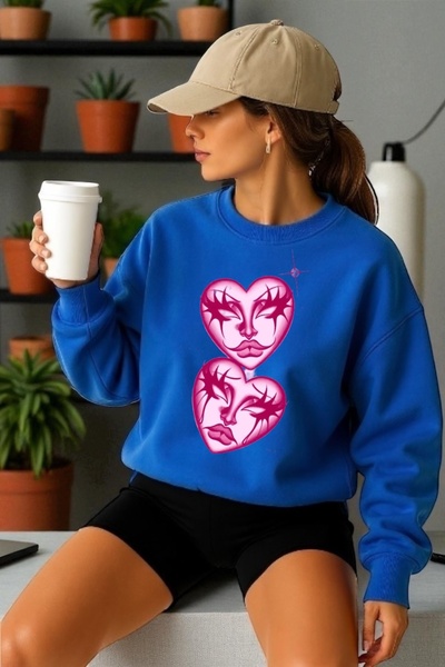 ArtYus Унісекс довгий рукав серце обличчя трансфер друк велосипед комір світшот