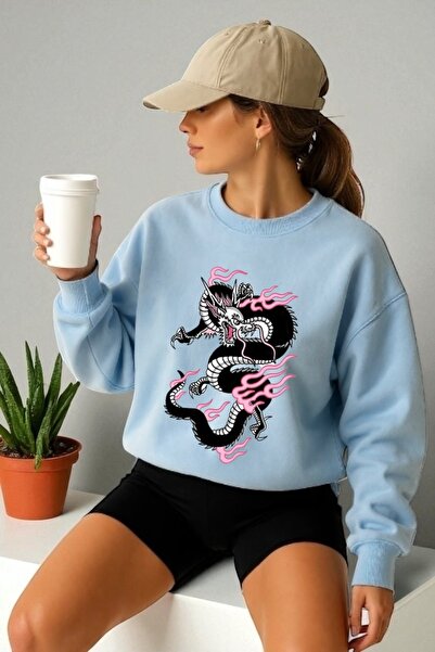 ArtYus سويت شيرت برقبة دائرية وأكمام طويلة للجنسين مطبوع عليه تنين