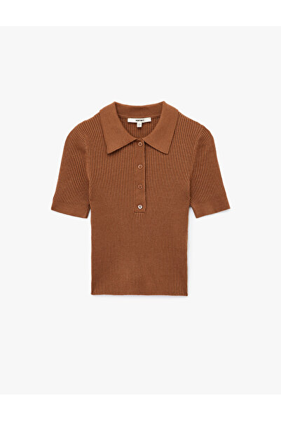 Koton Πλεκτό πουλόβερ με κοντό μανίκι με γιακά πόλο με μισό κουμπί