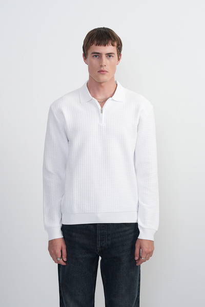 SILVANO Erkek Beyaz Uzun Kollu Yarım Fermuarlı Triko Polo Yaka Tişört