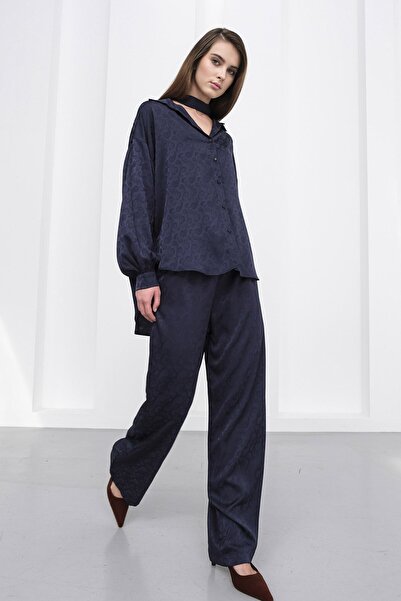 VAGGON Women's Dark Navy Jacquard Pattern Satin Shirt and Pants Set Vs01231