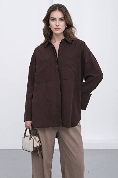 VAGGON Women's Brown Double Pocket Oversize Basic Shirt Vs01235