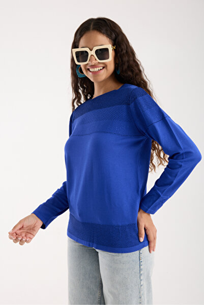 Clothes Fast Women's Saks Blue Viscose Fabric Boat Neck Glittery Knitwear Blouse