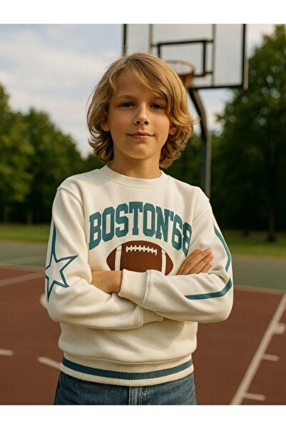 Zekids Boy's Boston Written Design Oversize Sweatshirt