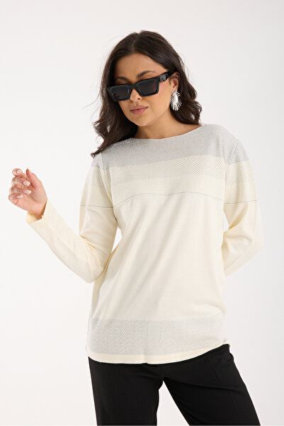 Moda Days Women's Ecru Viscose Fabric Boat Neck Glitter Knit Blouse