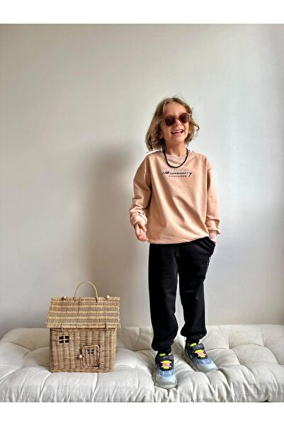 YİGİT BUTİK Embossed Letter Printed Long Sleeve Boys' Bottom Top Set