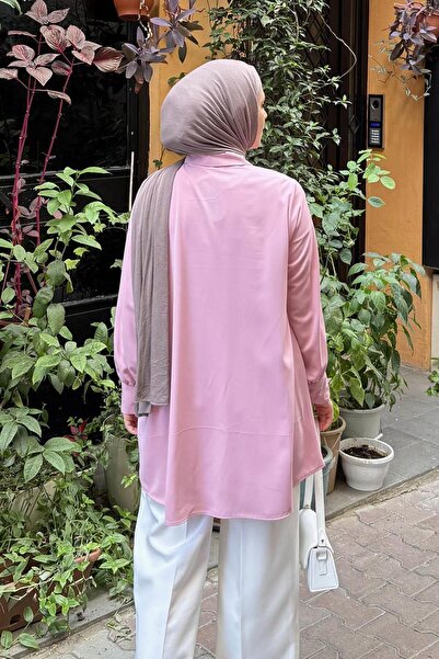 lamelif Hidden Button Detailed Hijab Tunic Pink