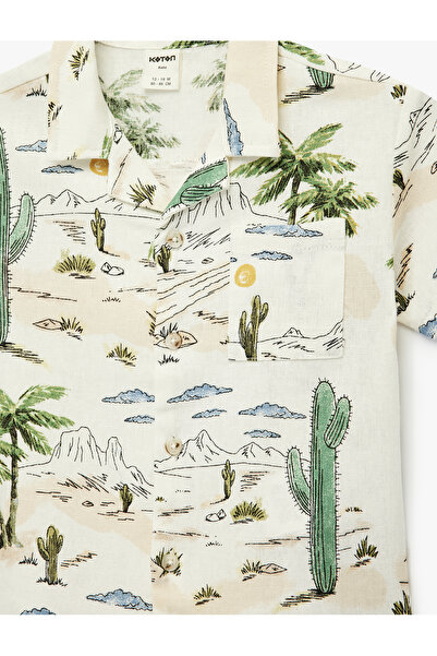 Koton Printed Linen and Viscose Blend Short Sleeve Shirt with Pocket Detail