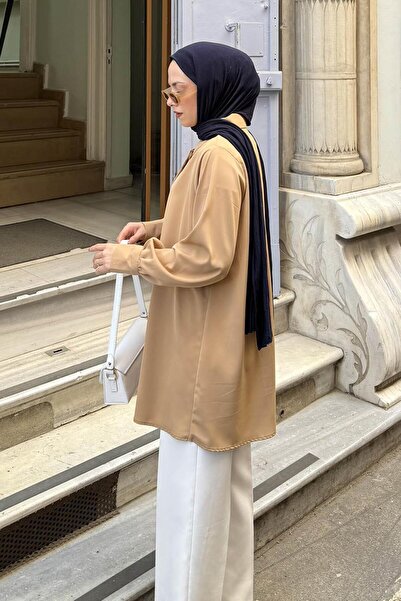 lamelif Hidden Button Detailed Hijab Tunic Milk Coffee