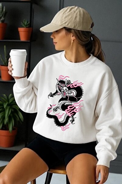 ArtYus سويت شيرت برقبة دائرية وأكمام طويلة للجنسين مطبوع عليه تنين