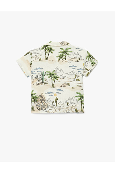 Koton Printed Linen and Viscose Blend Short Sleeve Shirt with Pocket Detail