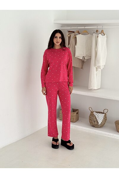 LETS BASIC Women's Pink Heart Long Sleeve Comfortable Pajama Set – Soft Texture & Stylish Design