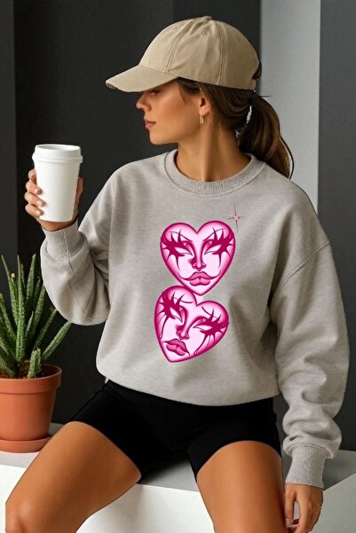 ArtYus Tricou unisex cu mânecă lungă Heart Face Transfer cu imprimeu guler ro...