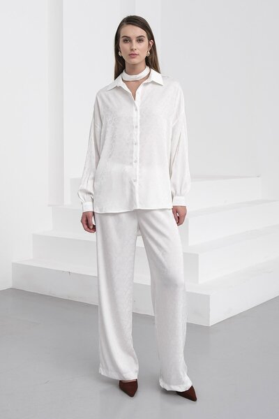 VAGGON Women's White Jacquard Pattern Satin Shirt and Pants Set Vs01231
