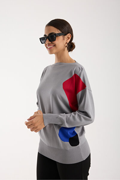 Moda Days Women's Gray Viscose Fabric Color Block Boat Neck Knitwear Blouse