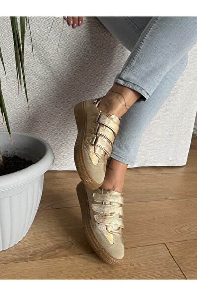 BURCU COLLECTİON Alisa Snake Pattern Heel Detail Golden Sports Shoes with Rub...