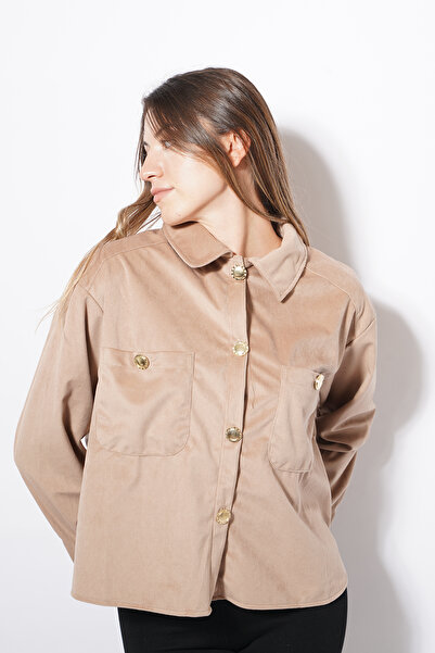 Himushe Cămașă de damă din catifea cu nasturi aurii, maro