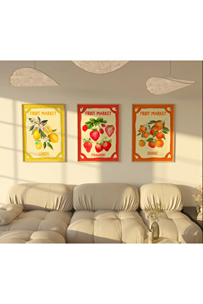 PAM STUDIO Retro Fruit Market Poster Seti – Portakal, Çilek, Limon İllüstrasy...