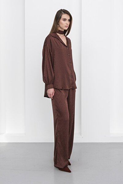 VAGGON Women's Brown Jacquard Pattern Satin Shirt and Pants Set Vs01231