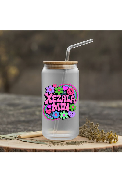 ZERYA Kurdish Xezala Min Designed Water Milk Fruit Juice Glass Water Bottle with Straw - Xezala Min Bottle (600 ml)