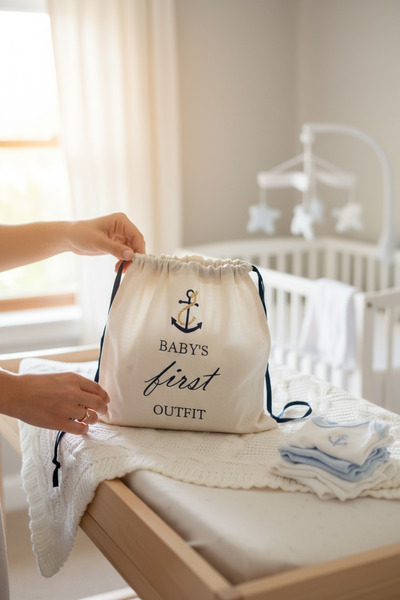 AngelButik Bebek İlk Kıyafet Çantası – Amerikan Bezi, Nakışlı, Denizci Temalı, Hastane Çıkışı Saklama Torbası