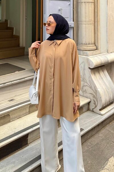 lamelif Hidden Button Detailed Hijab Tunic Milk Coffee