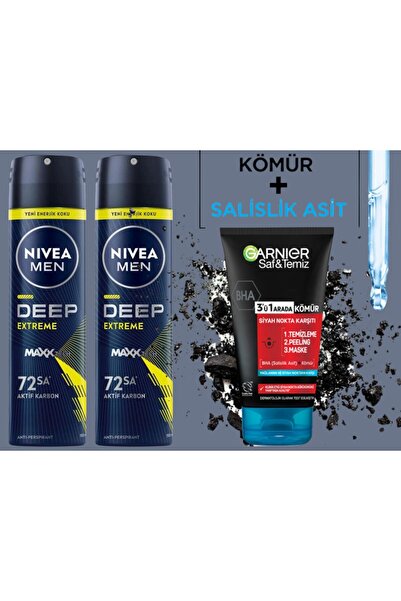 NIVEA Men Erkek Sprey Deodorant Deep Extreme 150 Ml 2 Adet + GarnierSiyah Nokta Karşıtı 3in1 Maske 150 Ml