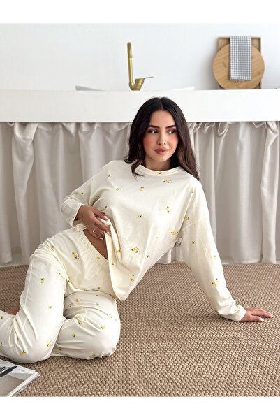 LETS BASIC 🌼 Kadın Ekru Çiçek Desenli Uzun Kollu Rahat Kesim Pijama Takımı – Yumuşacık Kumaş, Şık ve Konfor