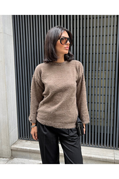 deqfashion Women's Mink Crew Neck Bearded Soft Knitwear Sweater