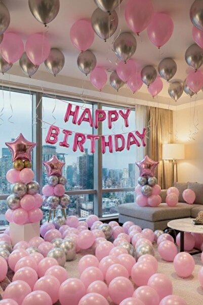 Baloncu Nene Ροζ Σετ μπαλόνια με αλουμινόχαρτο Happy Birthday Ροζ ασημί στολίδια για πάρτι γενεθλίων