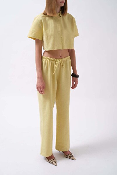 Maxi modena Linen Yellow Trousers with Tie Waist - 36