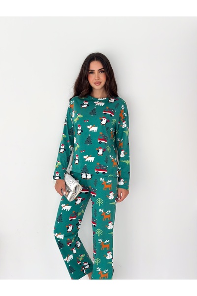 LETS BASIC Green Christmas Patterned Cotton Fabric Women's Pajama Set – Comfortable and Stylish Home