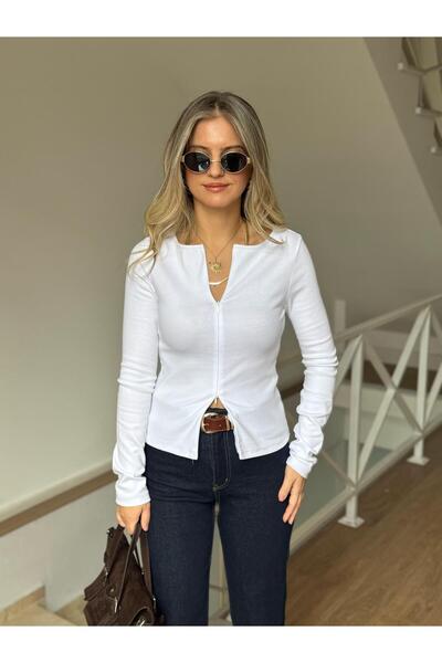 2she بلوزة ديلفن بأكمام طويلة وتفاصيل سحاب - أبيض