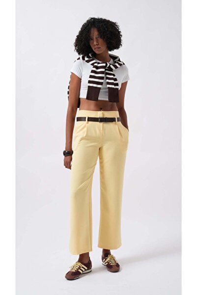 Maxi modena Belt Detail High Waist Yellow Trousers - 36