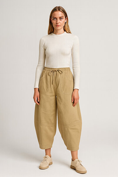 Atölye Güven Women's Beige 100% Cotton Elastic Pocket Balloon Pants