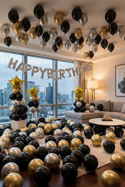 Baloncu Nene Silver Happy Birthday Foil Balloon Set Gold Black Silver Birthday Party Decorations
