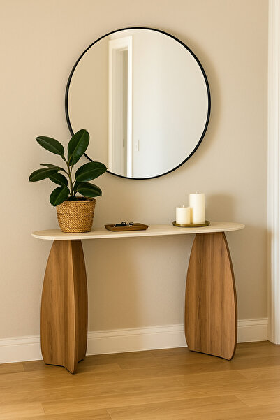 MARIA HOMES طاولة كونسول عصرية 140×40×80 سم - قاعدة خشبية بنية اللون مع سطح ب...