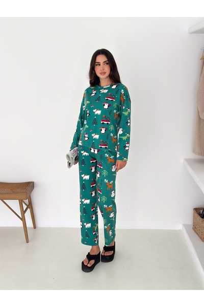 LETS BASIC Green Christmas Patterned Cotton Fabric Women's Pajama Set – Comfortable and Stylish Home