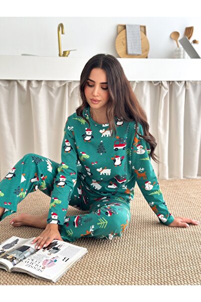LETS BASIC Green Christmas Patterned Cotton Fabric Women's Pajama Set – Comfortable and Stylish Home
