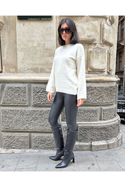 deqfashion Women's White Crew Neck Bearded Soft Knitwear Sweater