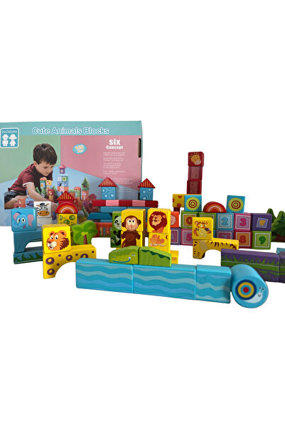 Beilaluna Cuburi multicolore din lemn pentru constructie, 100 piese, Cute Ani...