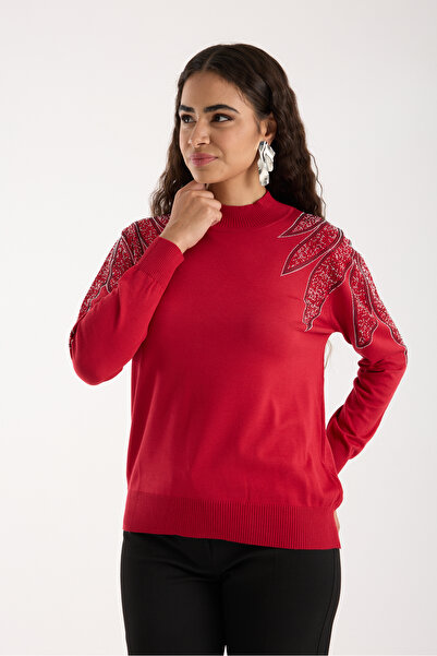 Moda Days Women's Red Viscose Fabric Stone Detailed Shoulders Half Turtleneck Knitwear Blouse