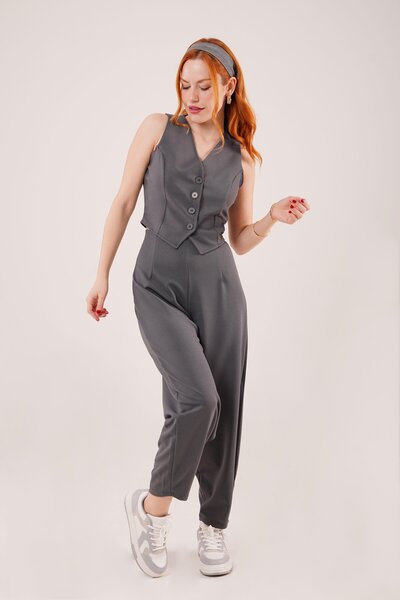 ESSE BUTİK Vogueway Gray Vest with Buttons on the Front
