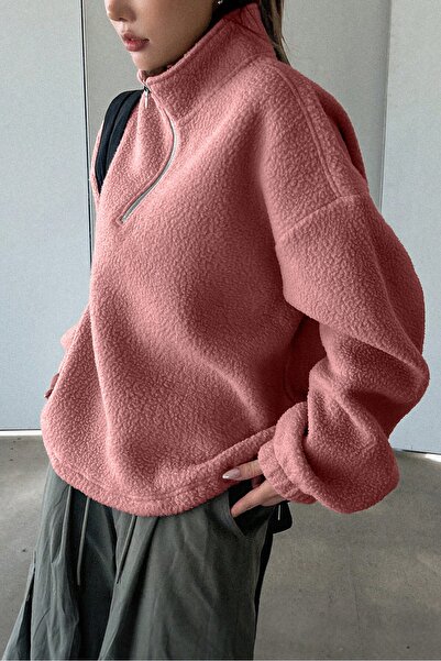 GHASSY CO. Kadın Ultra Isı Peluş Sherpa Oversize Yarım Metal Fermuar Lastik Ayarlı Polar Sweatshirt
