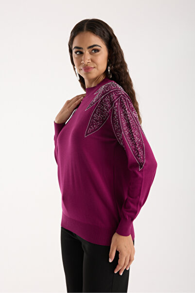 Clothes Fast Women's Plum Viscose Fabric Stone Detailed Shoulders Half Turtleneck Knitwear Blouse